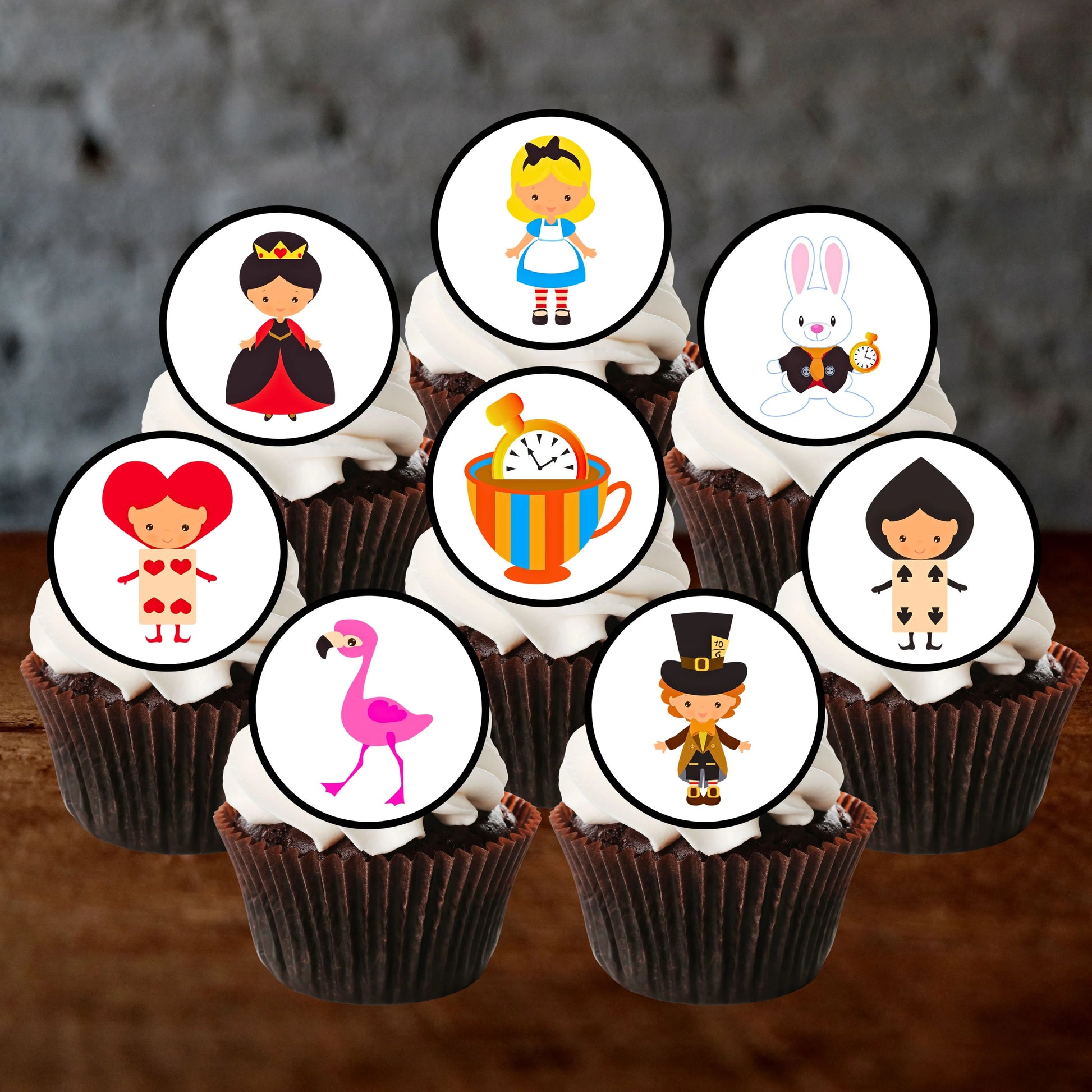 Alice In Wonderland Theme Edible Cupcake Toppers on chocolate cupcakes with white frosting 