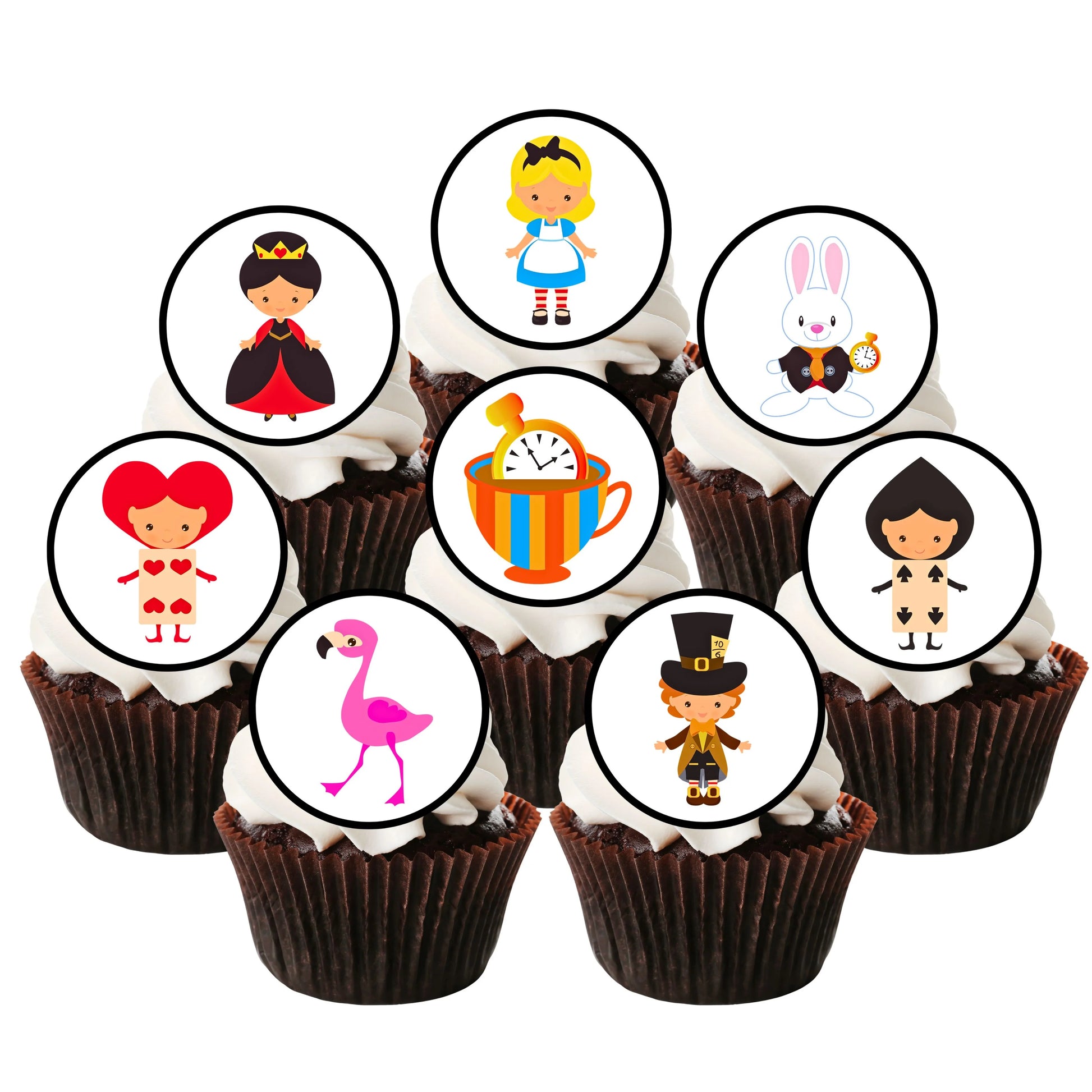 Alice In Wonderland Theme Edible Cupcake Toppers on chocolate cupcakes with white frosting 