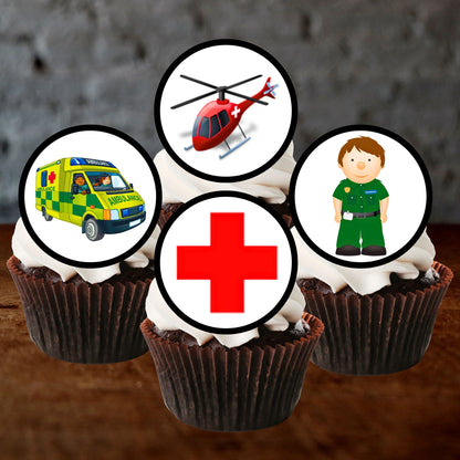 Ambulance Edible Cupcake Toppers on chocolate cupcakes with white frosting 