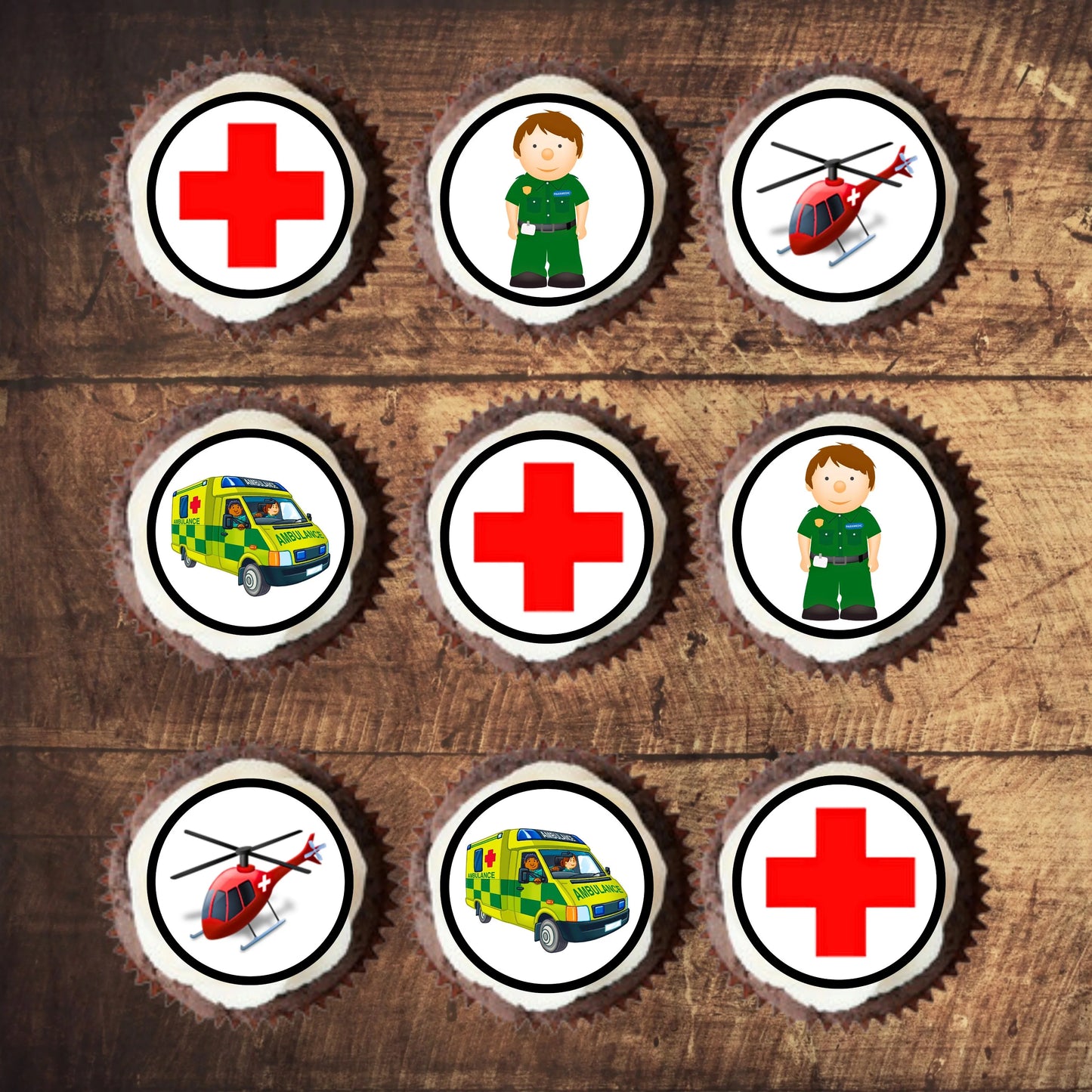 Ambulance Edible Cupcake Toppers on chocolate cupcakes with white frosting 