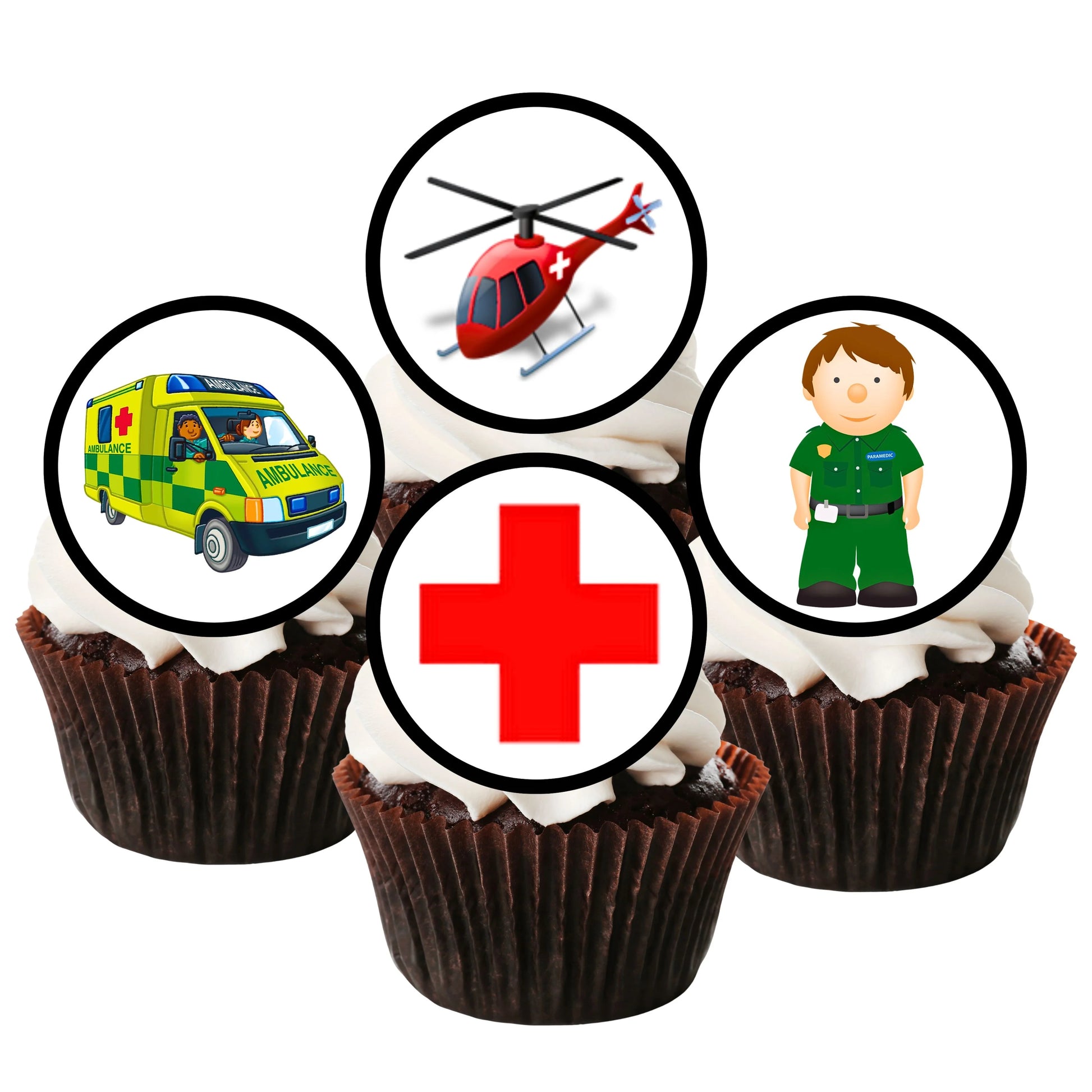 Ambulance Edible Cupcake Toppers on chocolate cupcakes with white frosting 