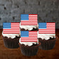 American Flag Edible Cupcake Toppers on chocolate cupcakes with white frosting 