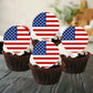 American Flag Round Edible Cupcake Toppers on chocolate cupcakes with white  frosting