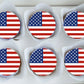  top view of American Flag Round Edible Cupcake Toppers on six cupcakes