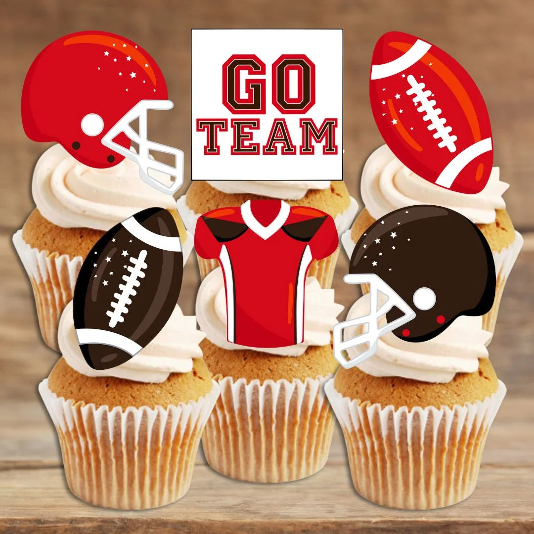 American Football Black + Red Edible Cupcake Toppers on white frosted cupcakes