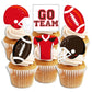 American Football Black + Red Edible Cupcake Toppers on white frosted cupcakes