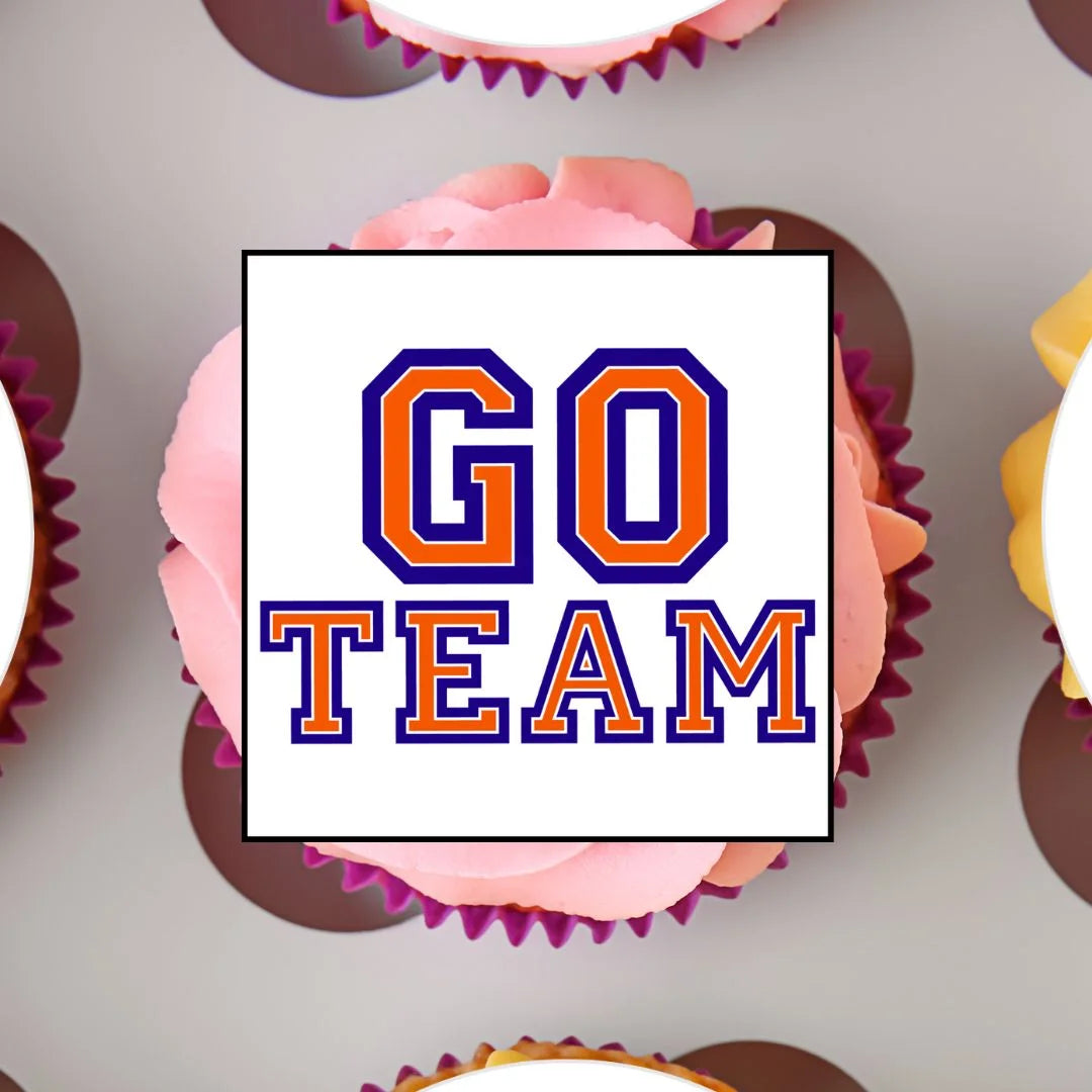 American Football Blue + Orange Edible Cupcake Toppers on a pink frosted cupcake