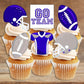 American Football Blue + Silver Edible Cupcake Toppers on white frosted cupcakes