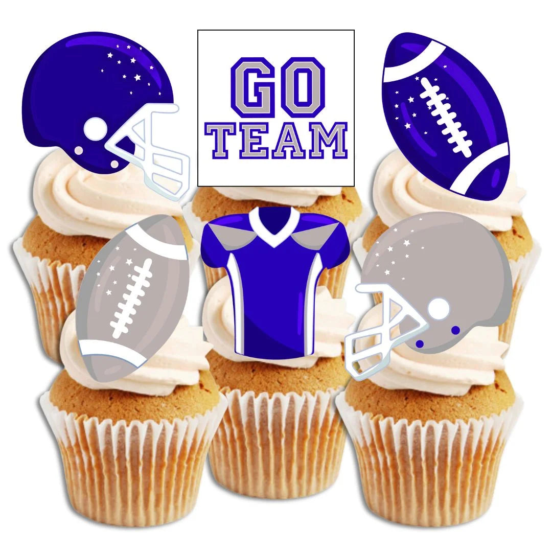 American Football Blue + Silver Edible Cupcake Toppers on white frosted cupcakes