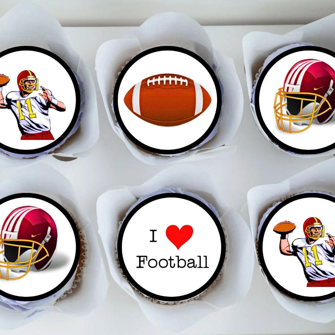 American Football Edible Cupcake Toppers on chocolate cupcakes with white frosting