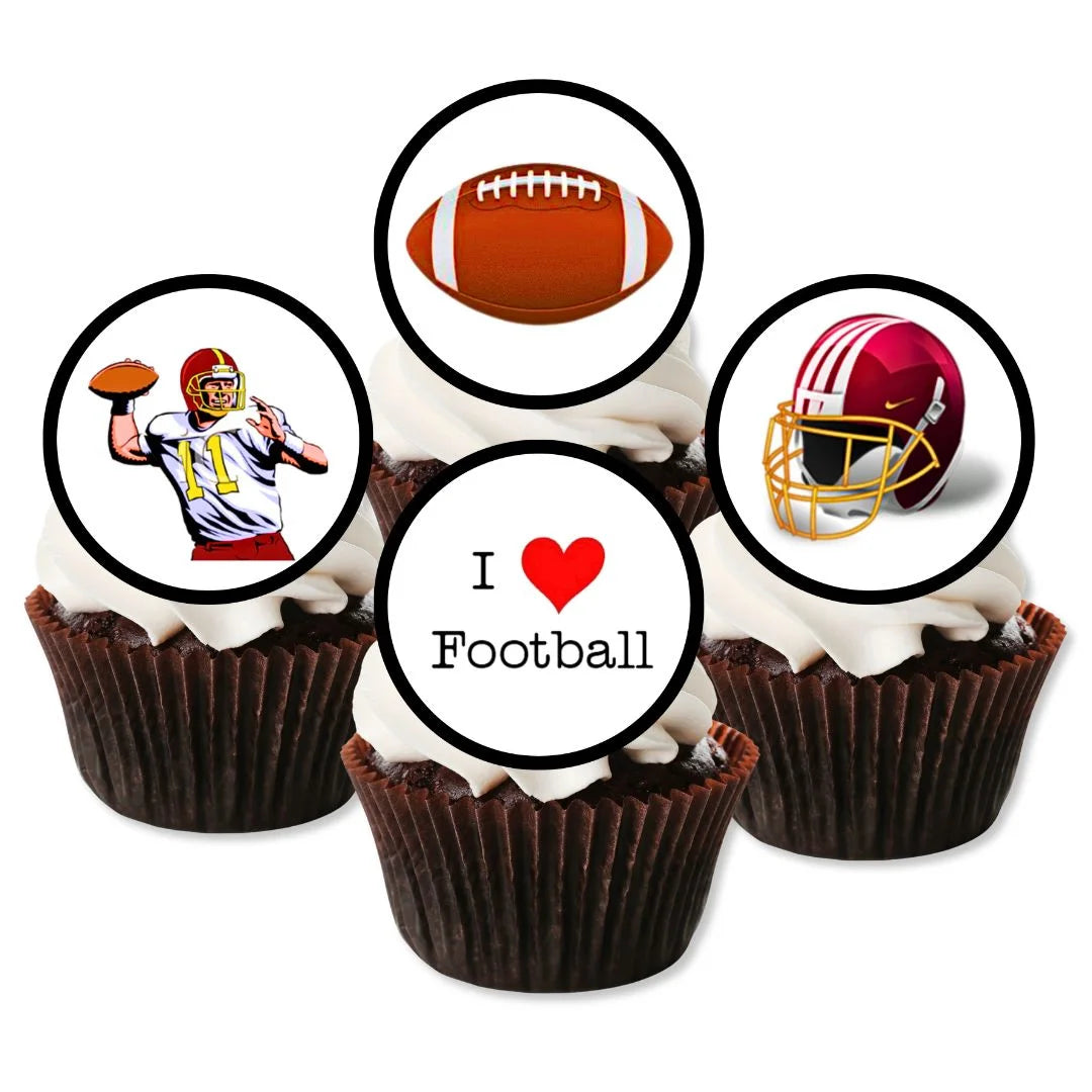 American Football Edible Cupcake Toppers on chocolate cupcakes with white frosting