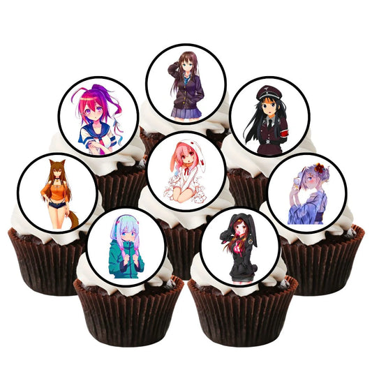 Anime Girls Edible Cupcake Toppers on chocolate cupcakes with white frosting 