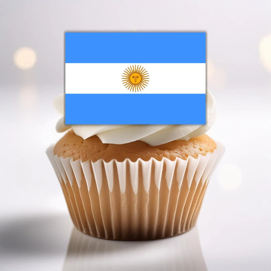 close up of a frosted cupcake with Argentina Flag Edible Cupcake Topper