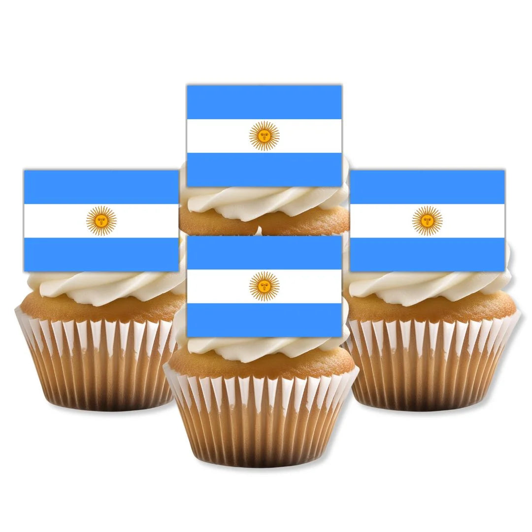 Argentina Flag Edible Cupcake Toppers on sponge cakes with shite frosting 