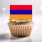 close up of an Armenia Flag Edible Cupcake Topper on a white forsted cupcake