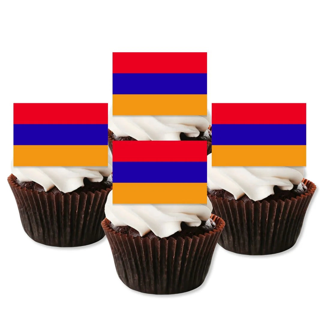 Armenia Flag Edible Cupcake Toppers on chocolate cupcakes with white frosting 