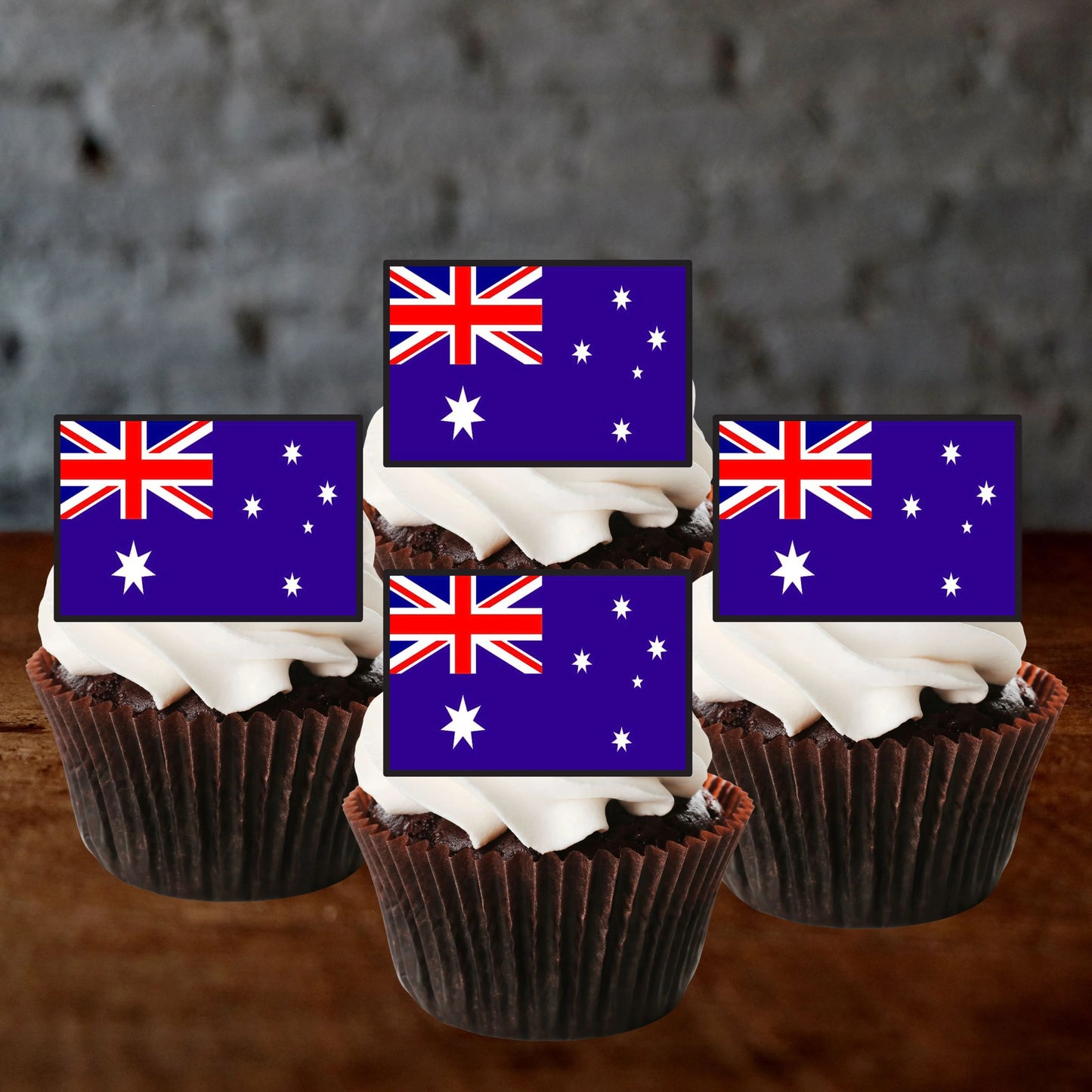 Australian Flag Edible Cupcake Toppers on chocolate cupcakes with white frosting