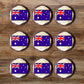 top view of nine Australian Flag Edible Cupcake Toppers on chocolate cupcakes with white frosting