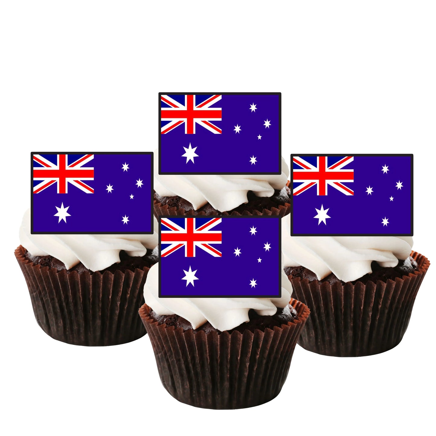 Australian Flag Edible Cupcake Toppers on chocolate cupcakes with white frosting