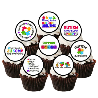 Autism Awareness Edible Cupcake Toppers on chocolate cupcakes with white frosting 