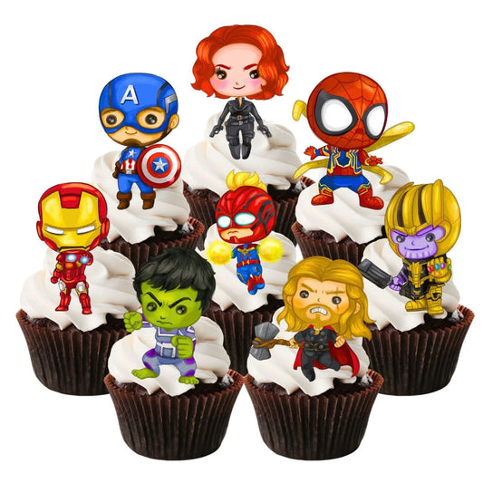 Avengers Superhero Themed Edible Cupcake Toppers on chocolate cupcakes with white frosting