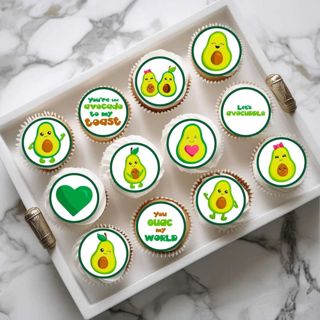 Avocado Edible Cupcake Toppers on cupcakes with white frosting