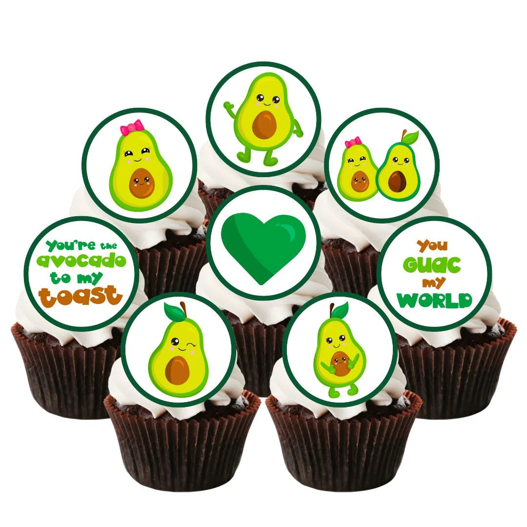 Avocado Edible Cupcake Toppers on cupcakes with white frosting