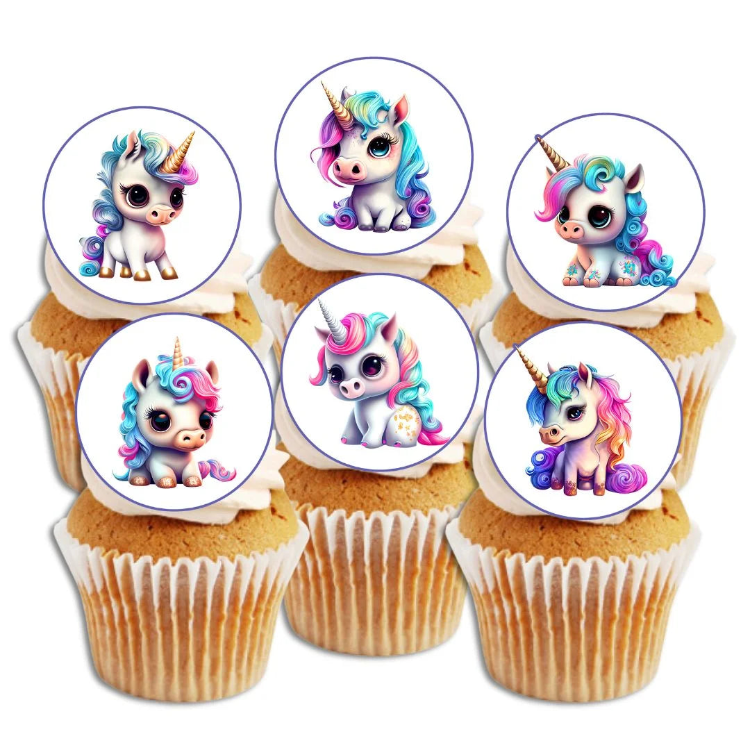 Baby Unicorn Edible Cupcake Toppers on white frosted cupcakes 