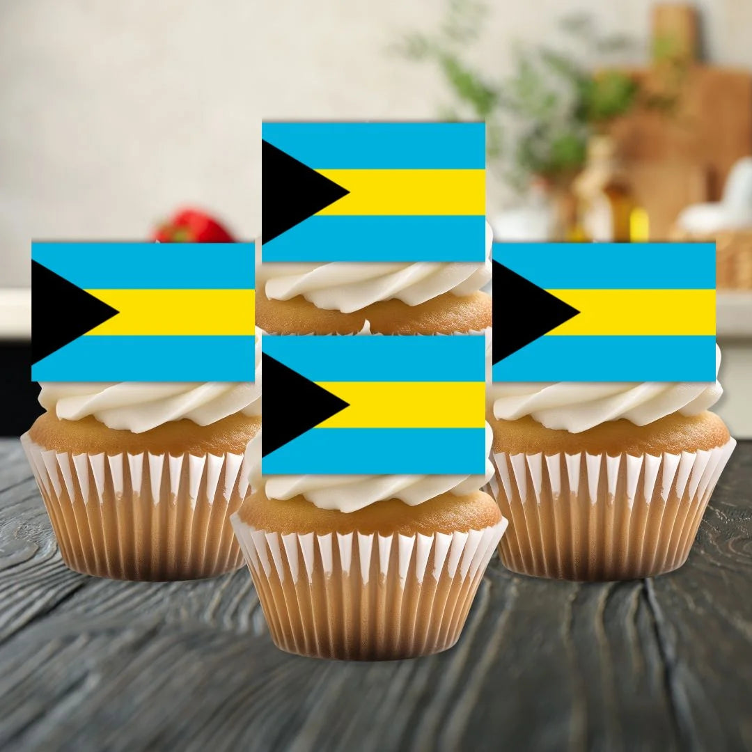 Bahamas Flag Edible Cupcake Toppers on white frosted cupcakes 