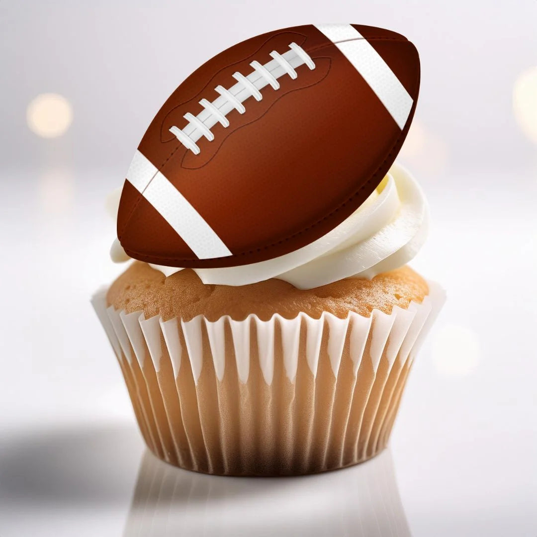 American Football Ball Edible Cupcake Toppers on white frosted cupcakes 