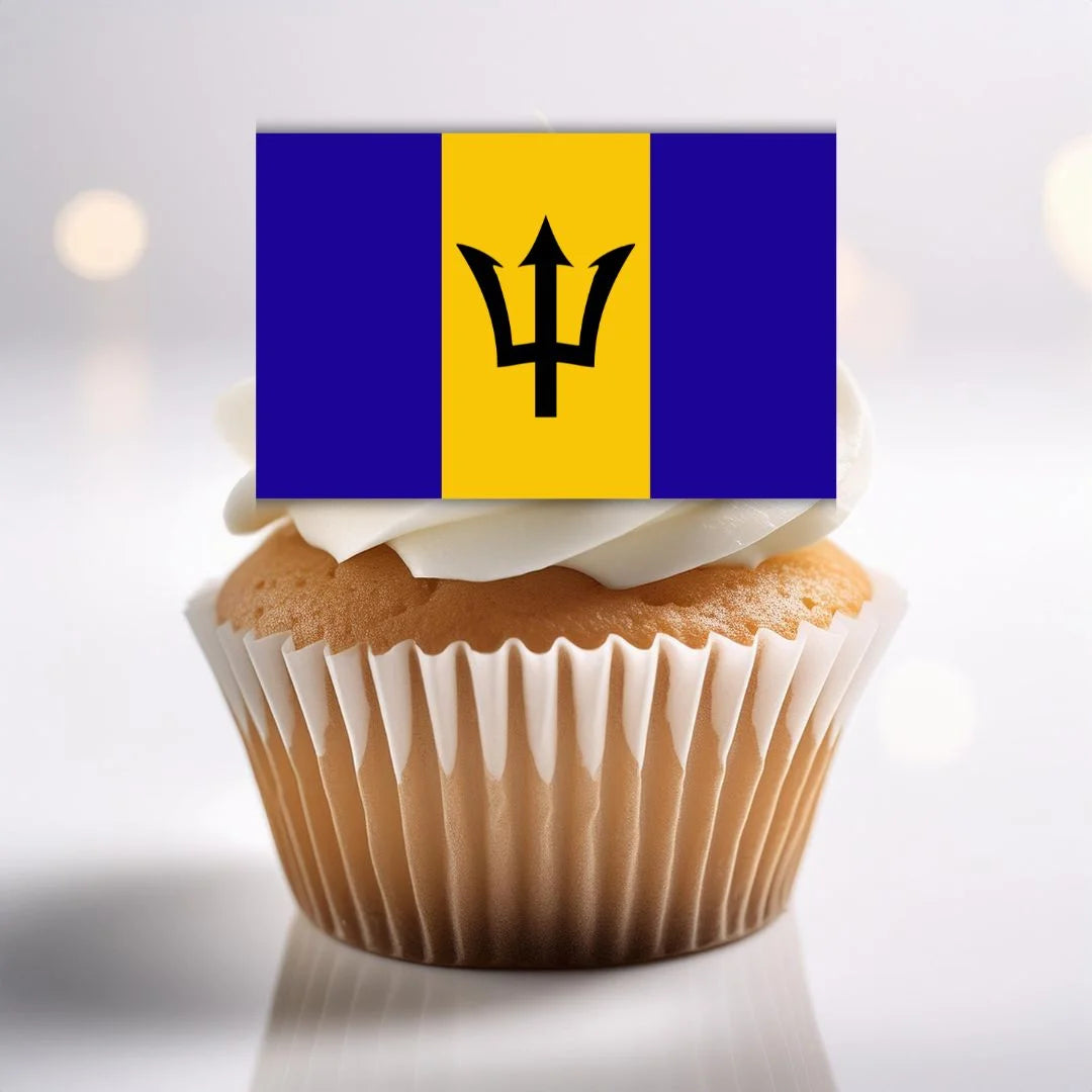 Barbados Flag Edible Cupcake Topper on a cupcake with white frosting 