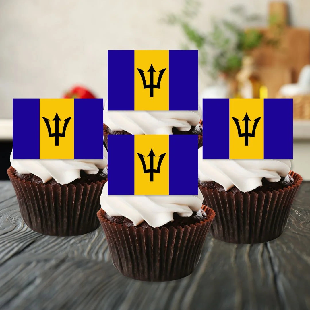 Barbados Flag Edible Cupcake Toppers on chocolate cupcakes with white frosting 