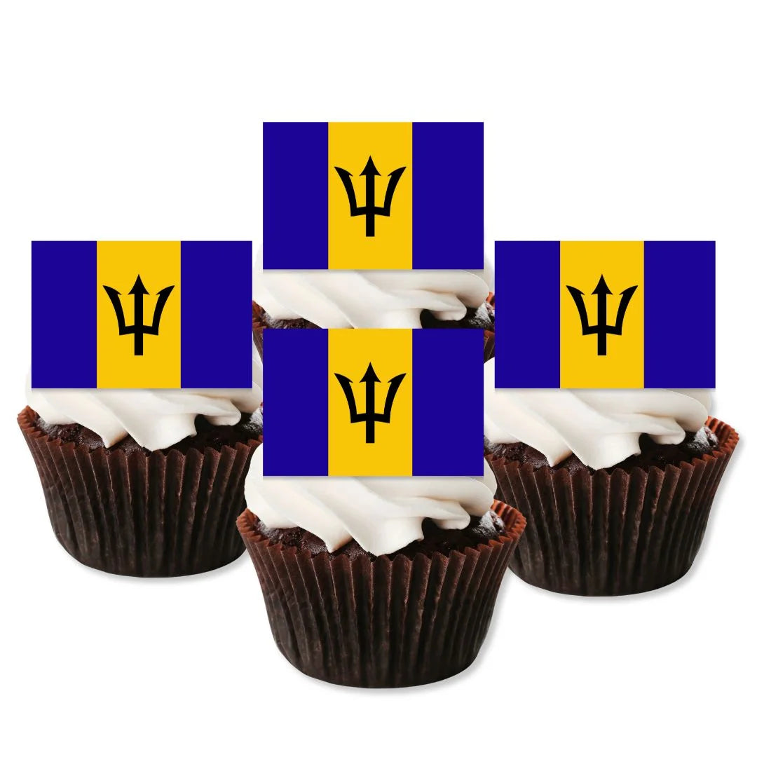 Barbados Flag Edible Cupcake Toppers on chocolate cupcakes with white frosting 