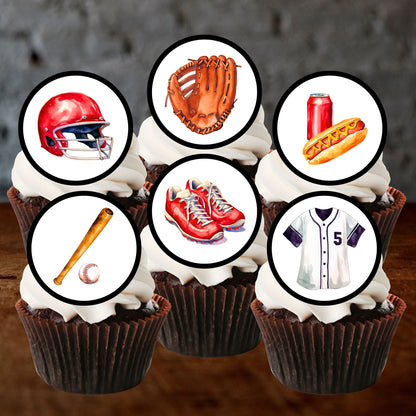 Baseball Edible Cupcake Toppers on chocolate cupcakes with white frosting