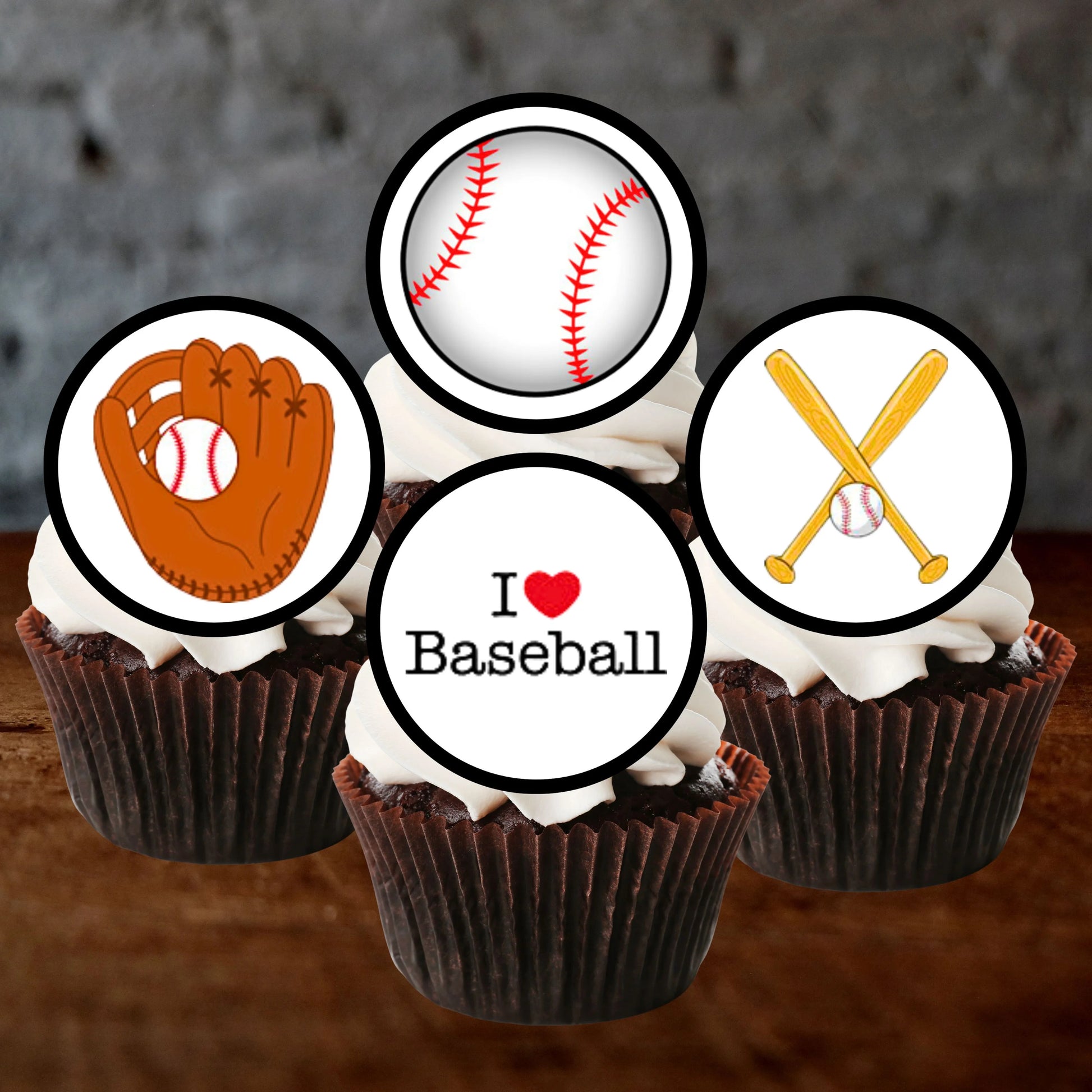 Baseball Theme Edible Cupcake Toppers on chocolate cupcakes with white frosting 