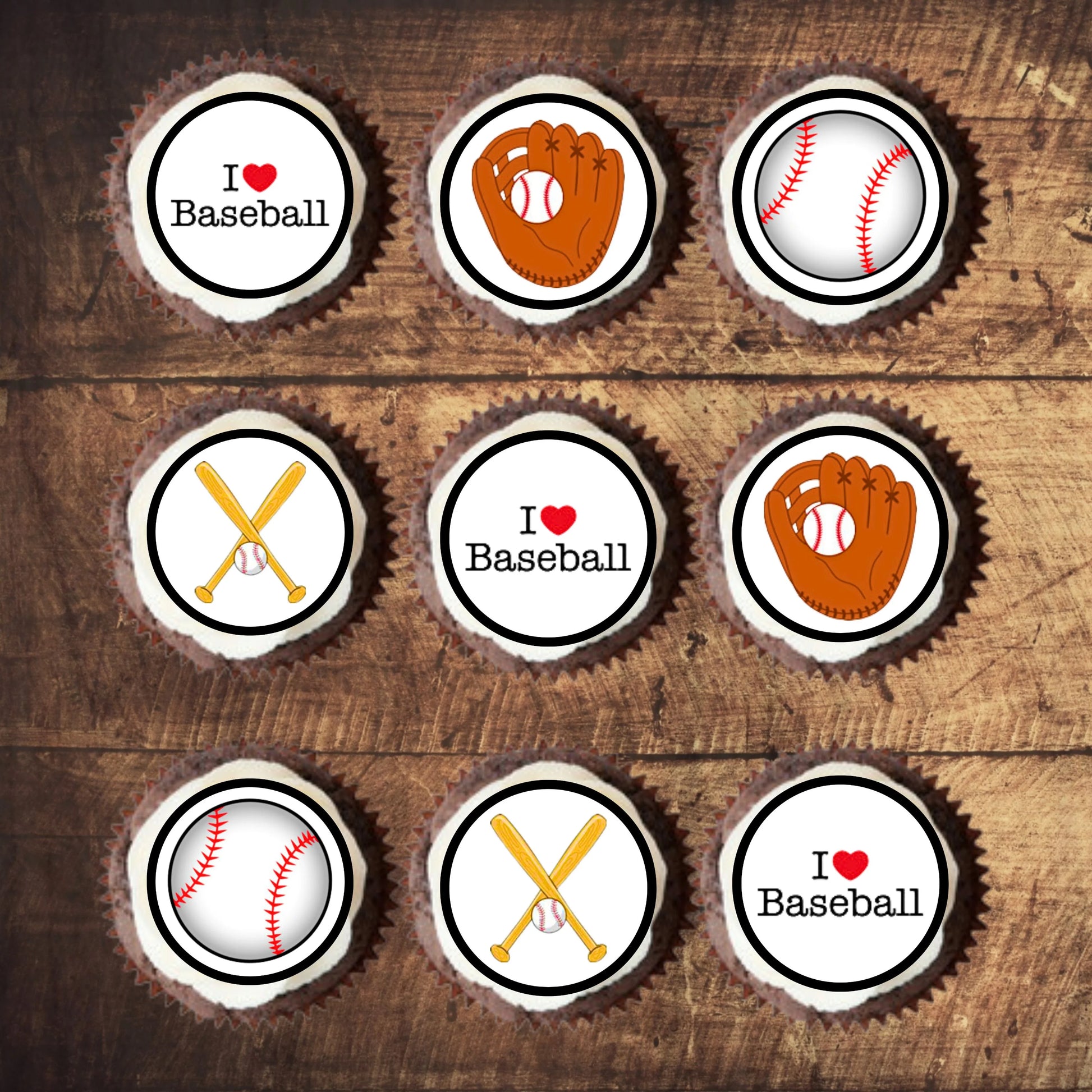 Baseball Theme Edible Cupcake Toppers on chocolate cupcakes with white frosting 