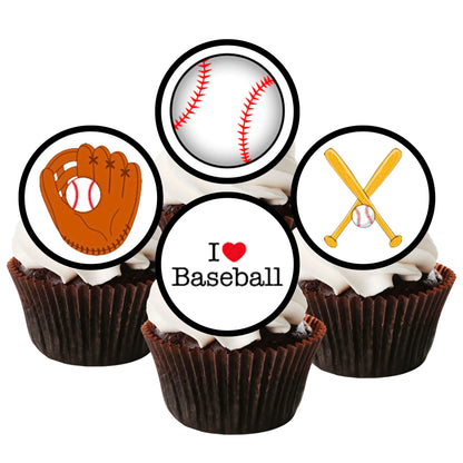 Baseball Theme Edible Cupcake Toppers on chocolate cupcakes with white frosting 