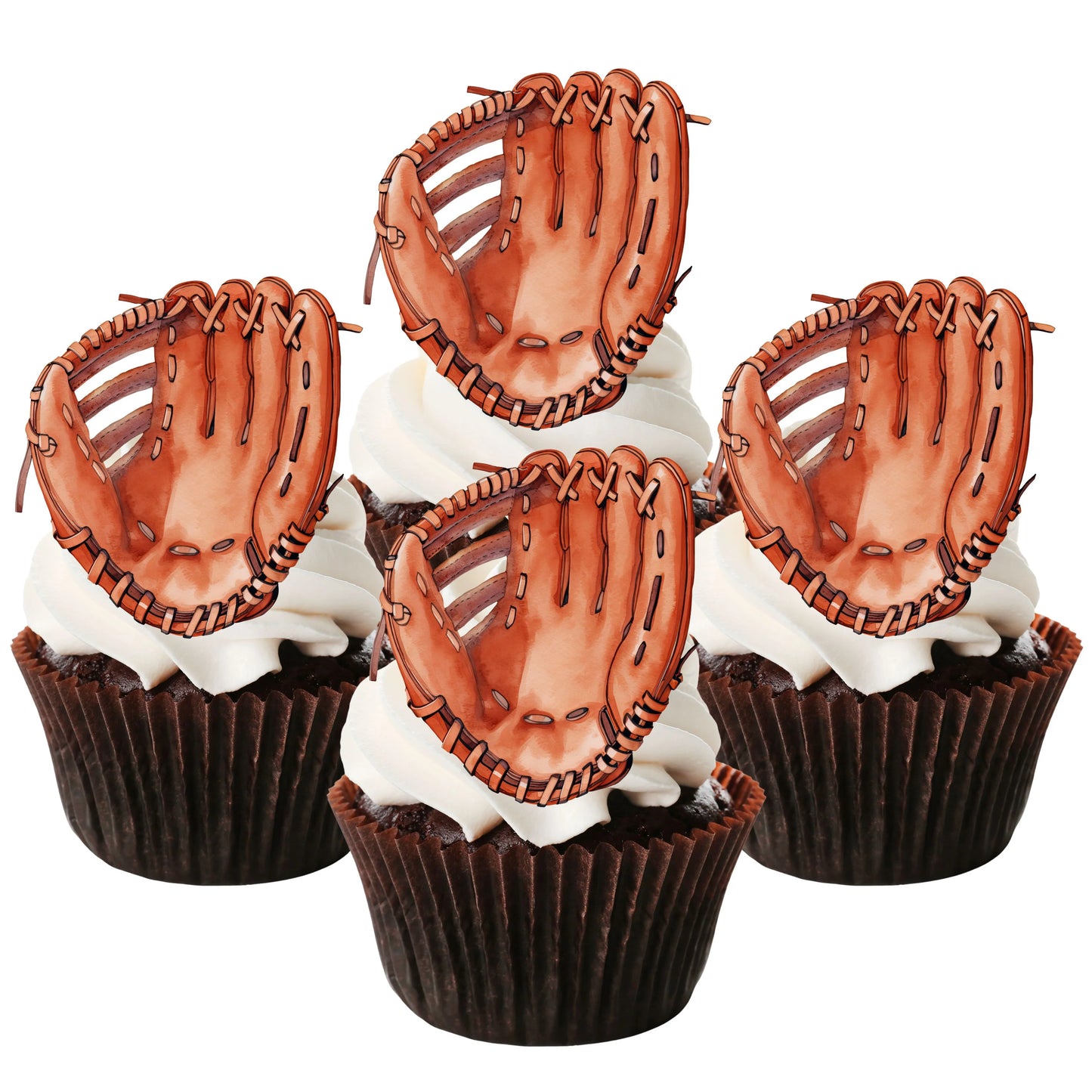 Baseball Mitt Edible Cupcake Toppers on chocolate cupcakes with white frosting