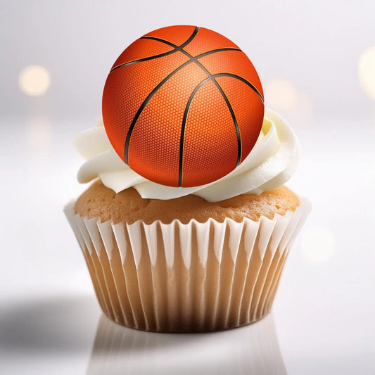 Basketball Ball Edible Cupcake Toppers on white frosted cupcakes