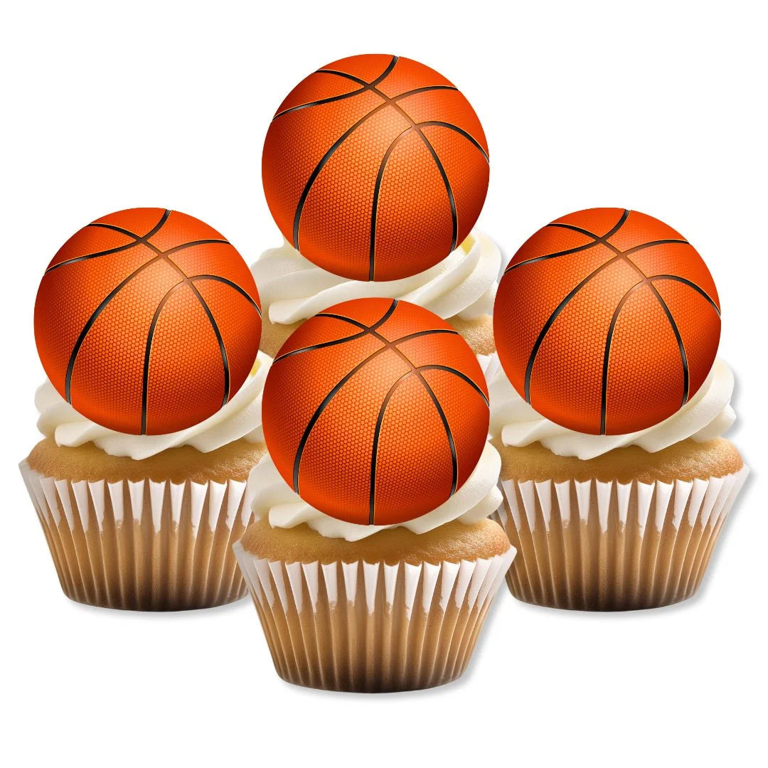 Basketball Ball Edible Cupcake Toppers on white frosted cupcakes