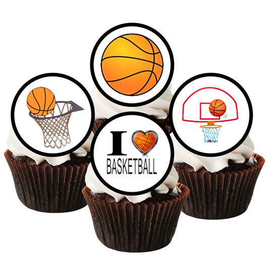 Basketball Theme Edible Cupcake Toppers on chocolate cupcakes with white frosting