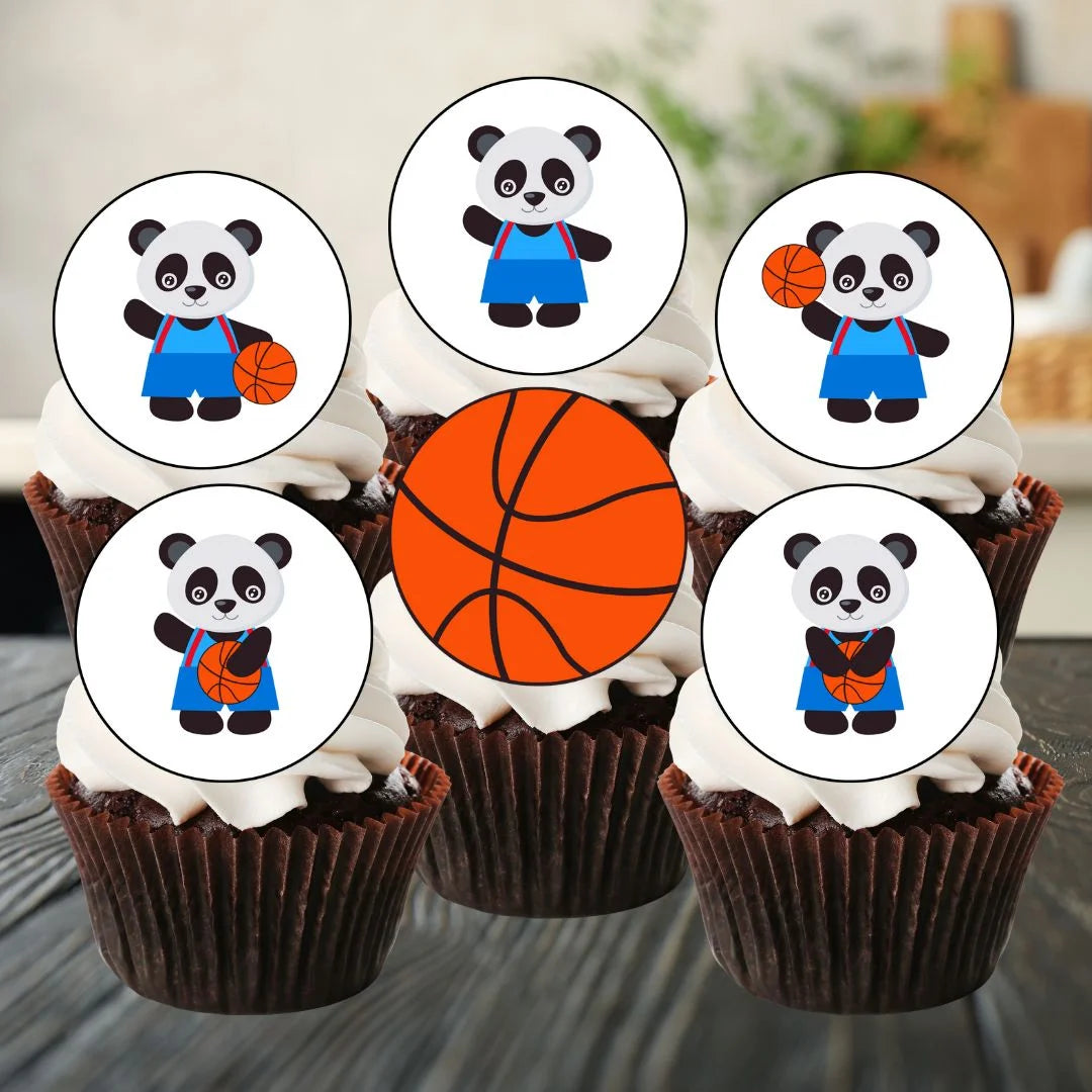 Basketball Panda Edible Cupcake Toppers on chocolate cupcakes with white frosting