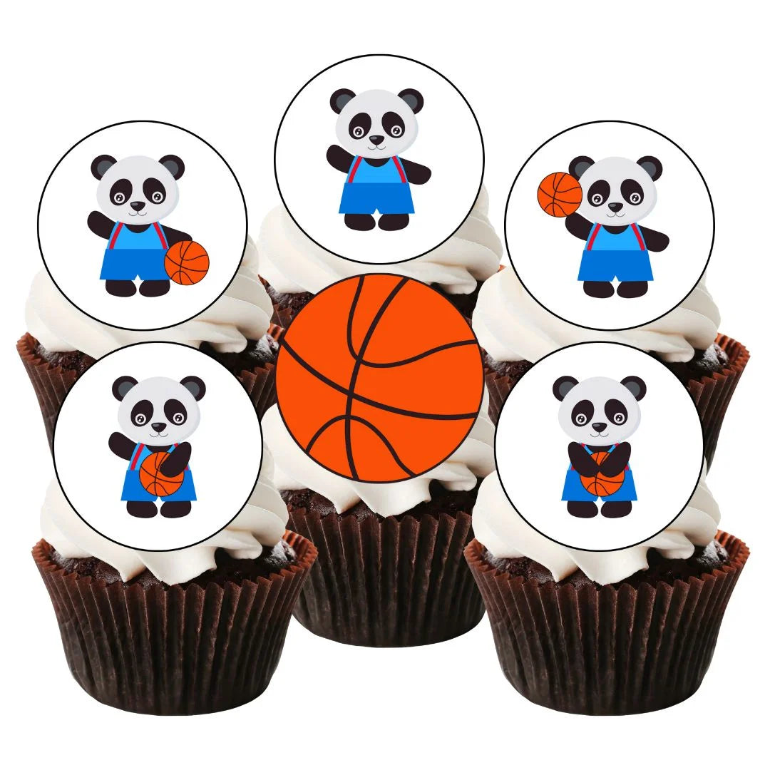 Basketball Panda Edible Cupcake Toppers on chocolate cupcakes with white frosting 