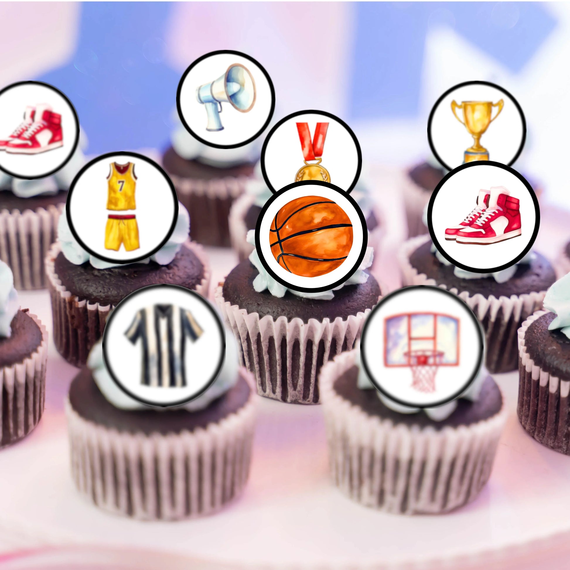 Basketball Party Edible Cupcake Toppers on chocolate cupcakes with white frosting