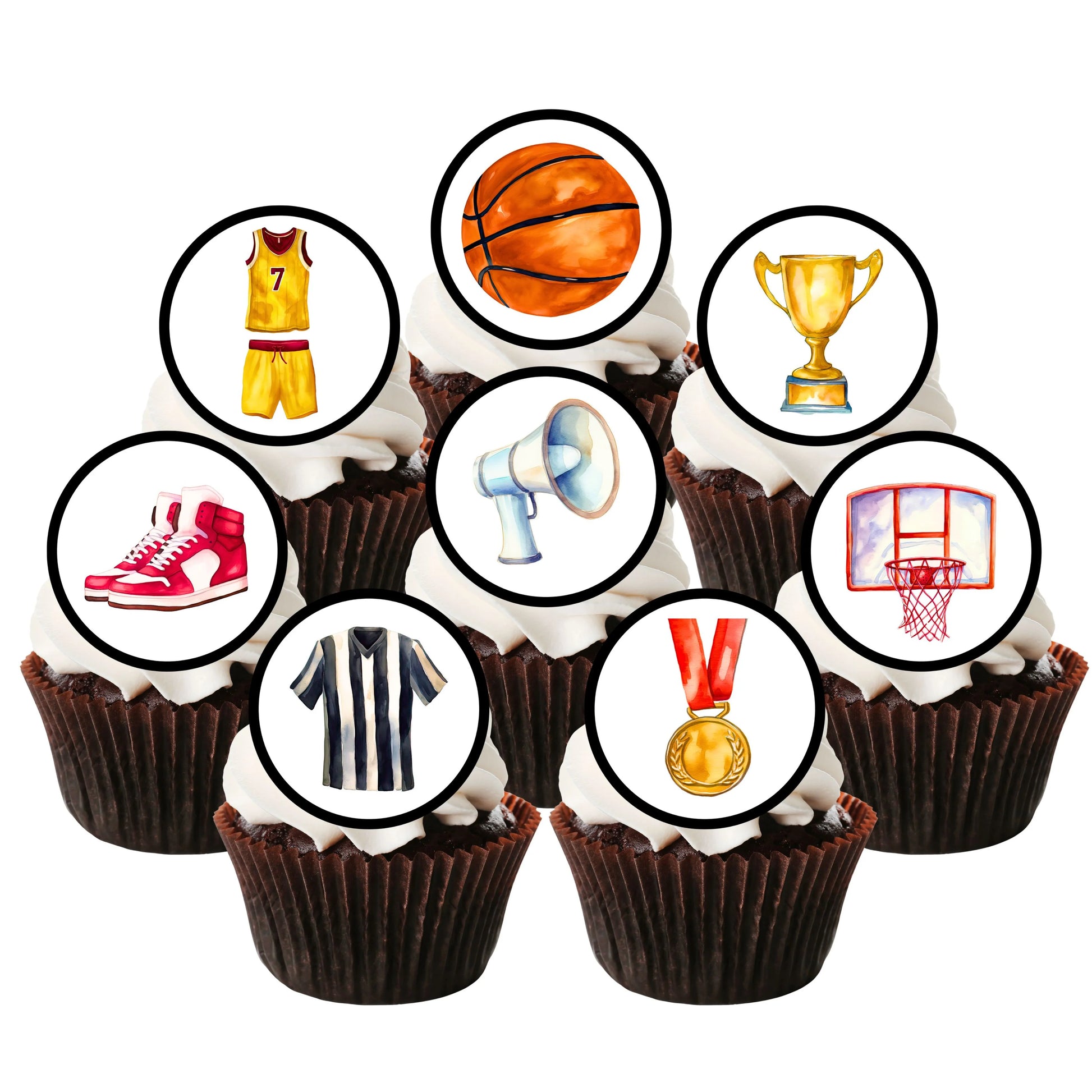 Basketball Party Edible Cupcake Toppers on chocolate cupcakes with white frosting