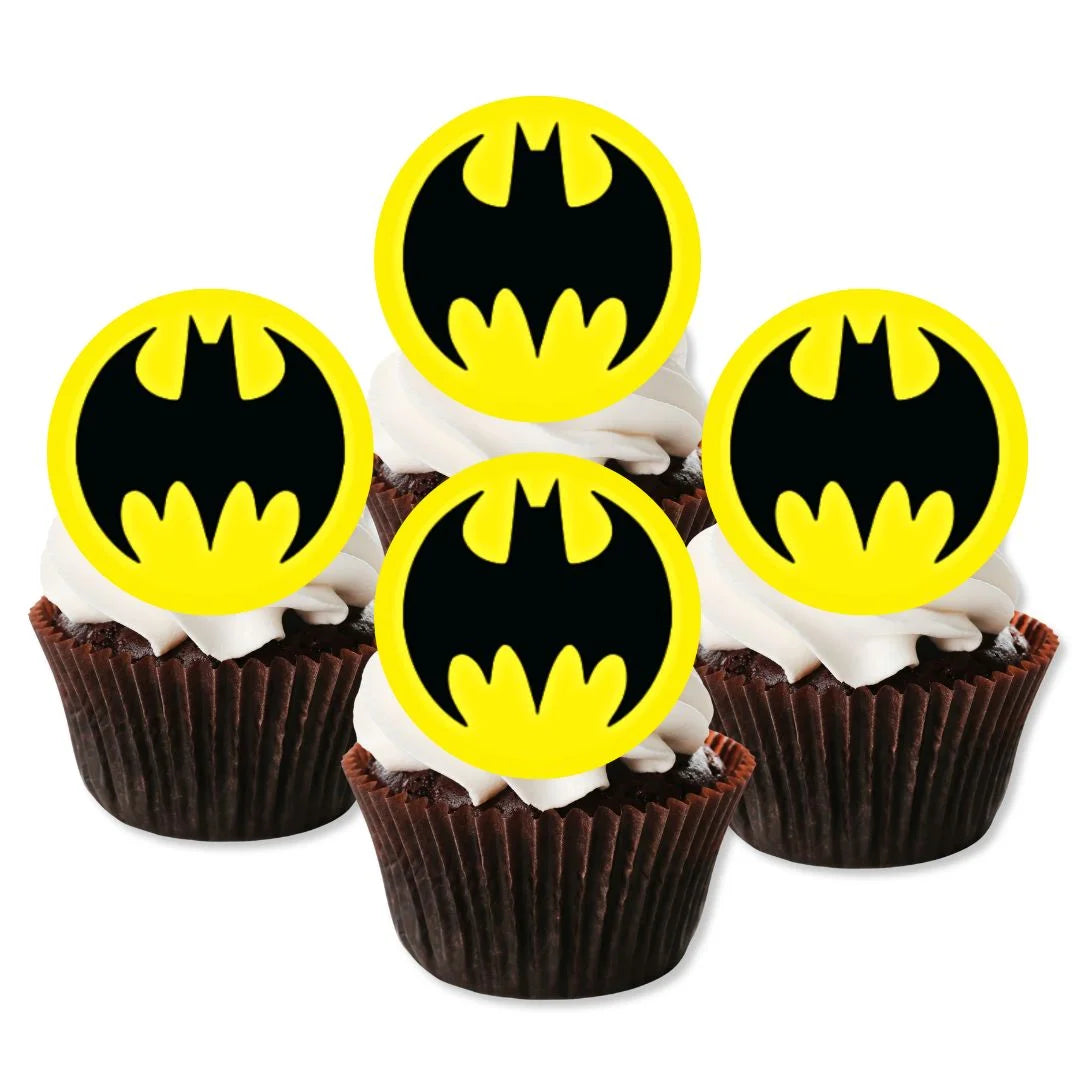 Batman Themed Edible Cupcake Toppers on chocolate cupcakes with white frosting 