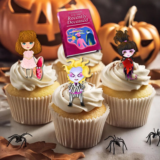 Beetlejuice Theme Edible Cupcake Toppers on chocolate cupcakes with white frosting 