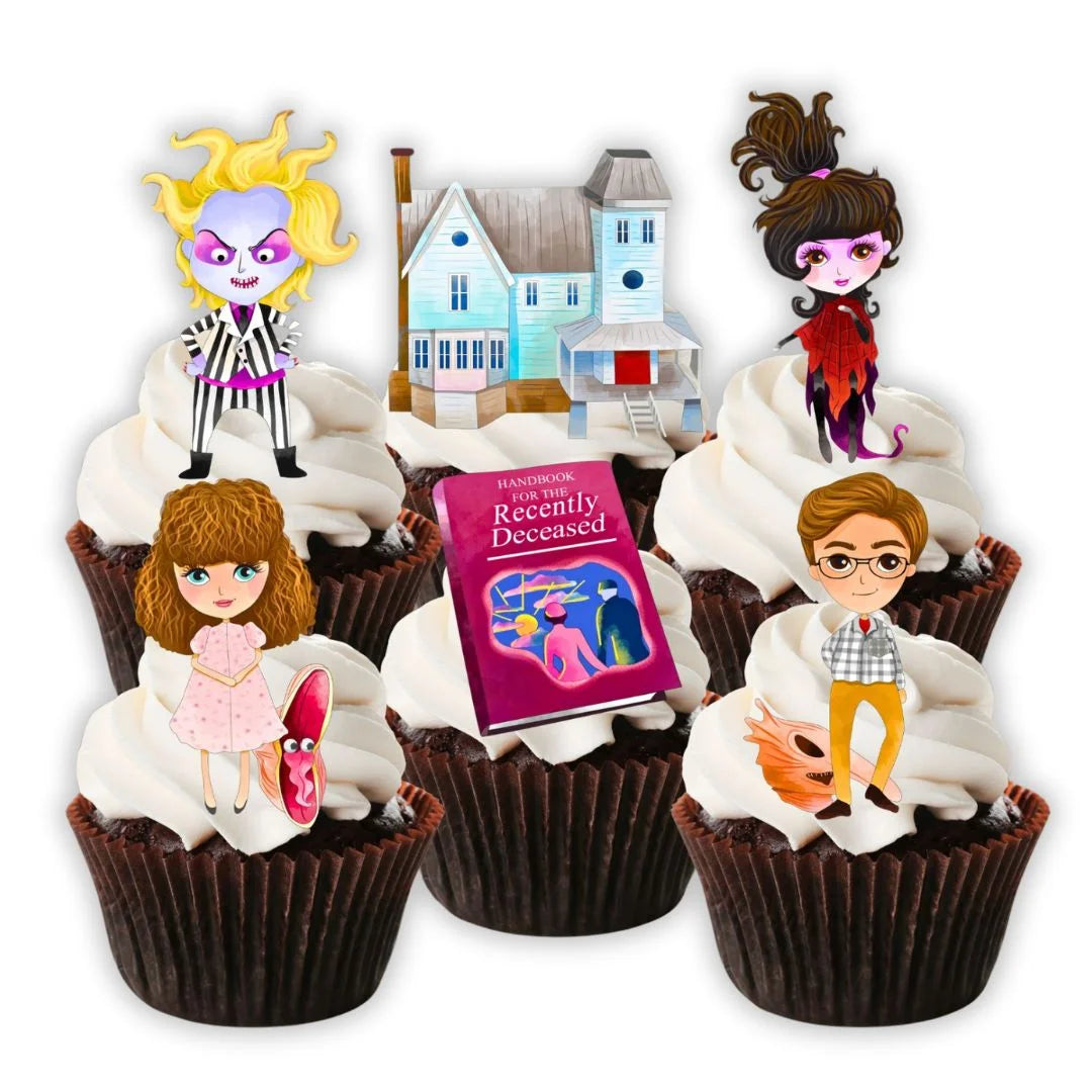 Beetlejuice Theme Edible Cupcake Toppers on chocolate cupcakes with white frosting 