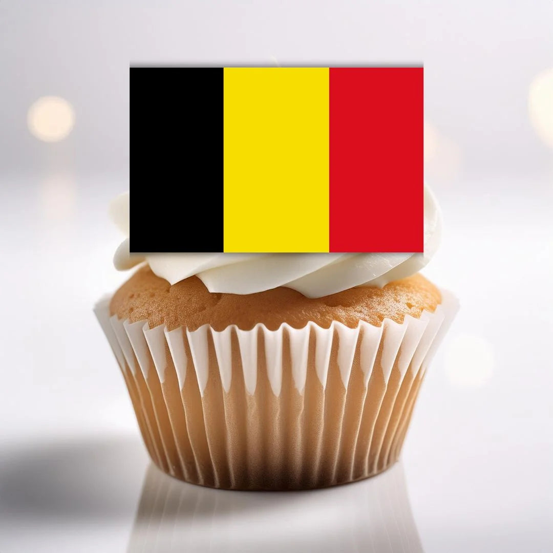 Belgium Flag Edible Cupcake Toppers on a cupcake with white frosting