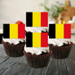 Belgium Flag Edible Cupcake Toppers on chocolate cupcakes with white frosting